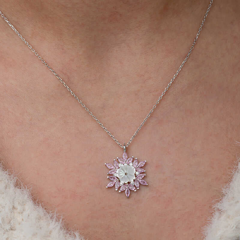 Pink Lotus Pattern Flower Women's Silver Necklace