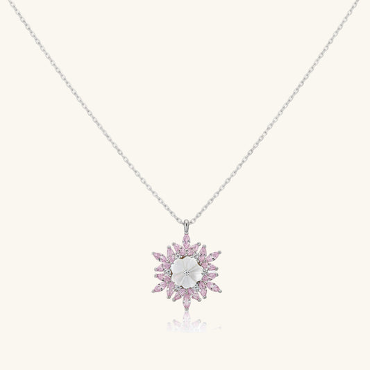 Pink Lotus Pattern Flower Women's Silver Necklace