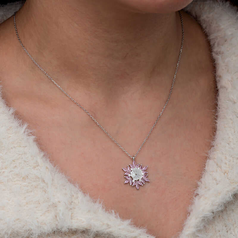 Pink Lotus Pattern Flower Women's Silver Necklace
