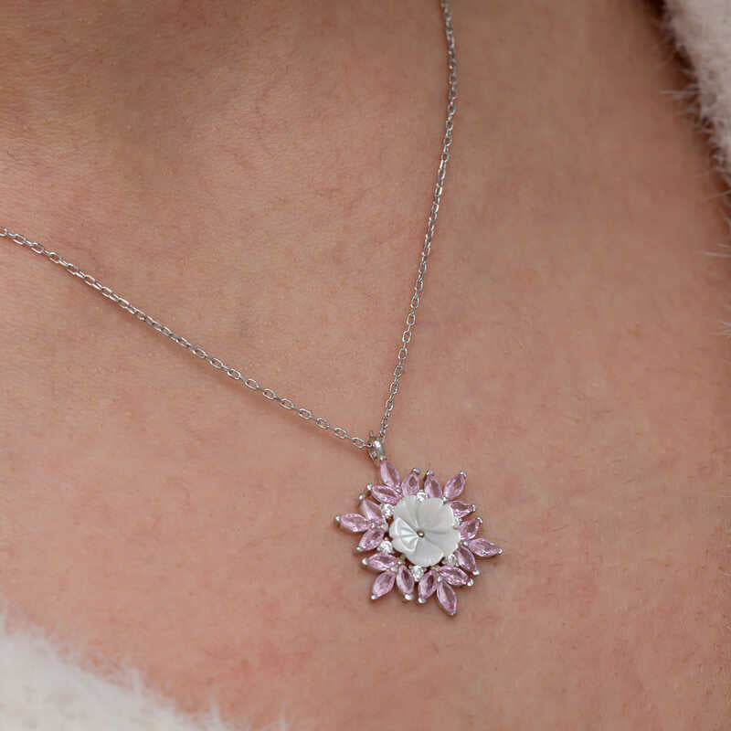 Pink Lotus Pattern Flower Women's Silver Necklace