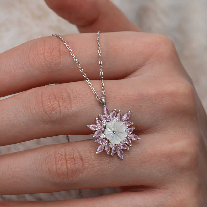 Pink Lotus Pattern Flower Women's Silver Necklace