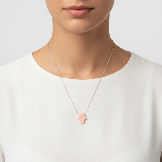 Pink Opal Hand Women's Silver Necklace