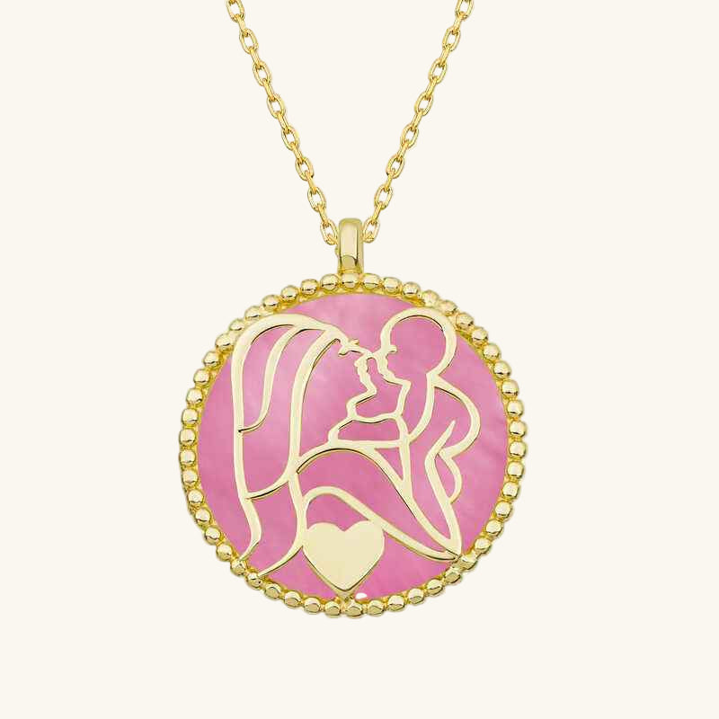 Gold Plated Pink Mother of Pearl Stone Mother Child Love Silver Necklace
