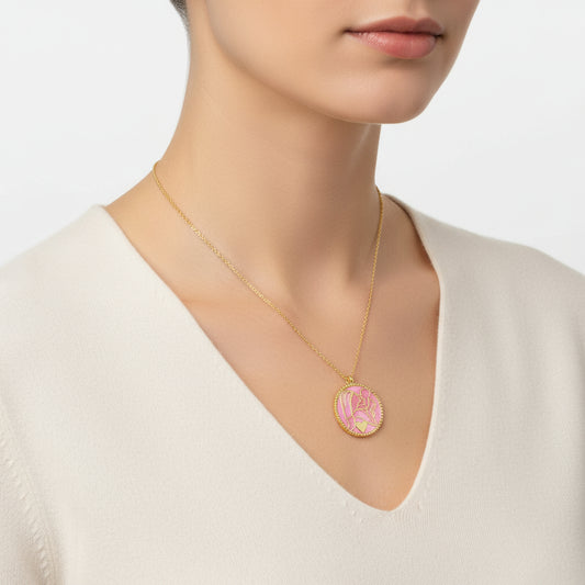 Gold Plated Pink Mother of Pearl Stone Mother Child Love Silver Necklace