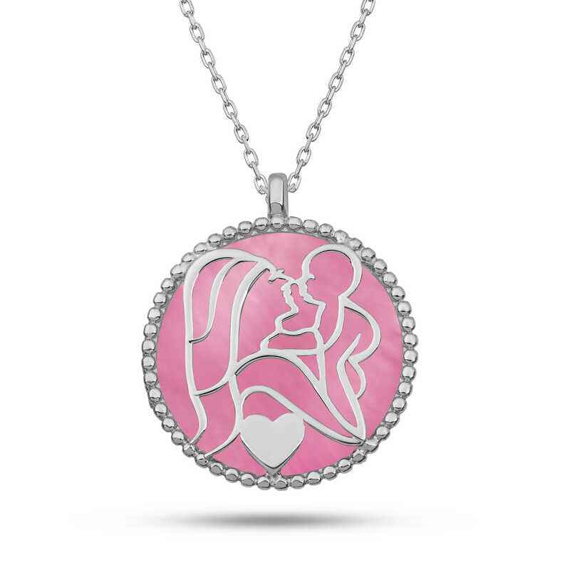 Pink Mother of Pearl Stone Mother Child Love Silver Necklace
