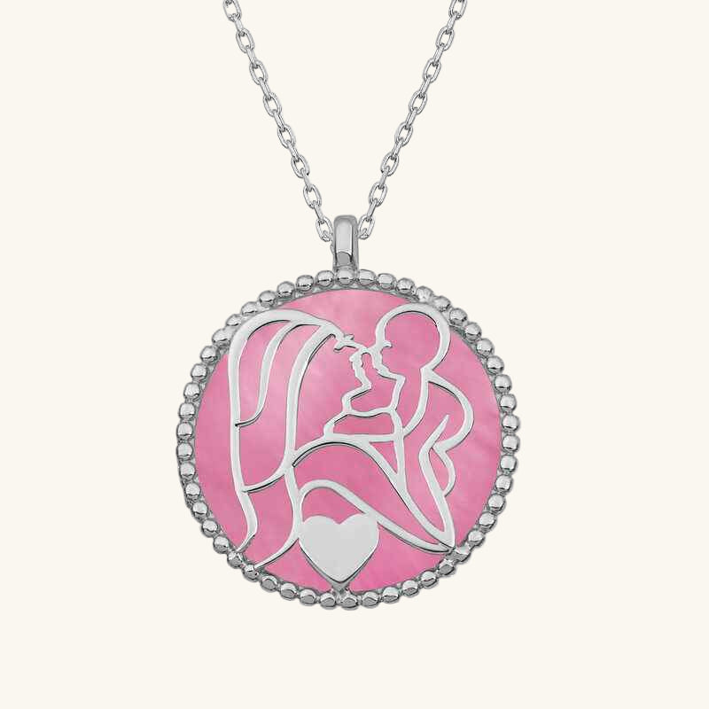 Pink Mother of Pearl Stone Mother Child Love Silver Necklace