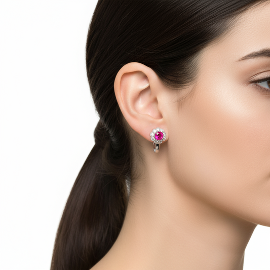 Pink Stone Flower Silver Earring