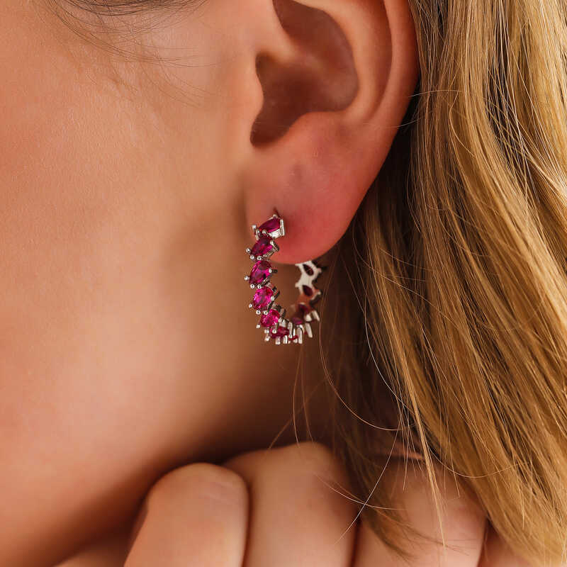 Pink Stone Drop Stud Women's Silver Earrings