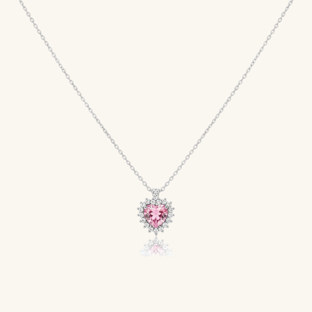 Pink Stone Heart Women's Silver Necklace