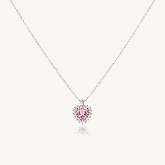 Pink Stone Heart Women's Silver Necklace