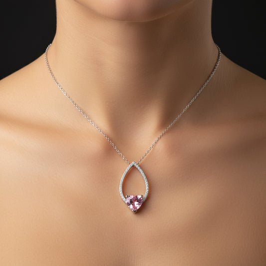 Pink Stone Heart Women's Silver Necklace