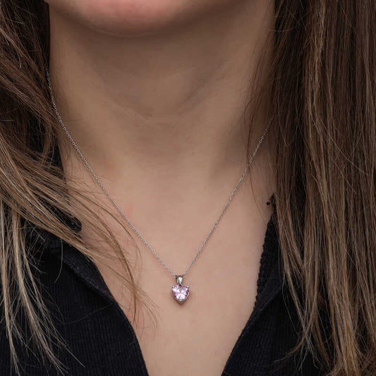 Pink Stone Heart Women's Silver Necklace