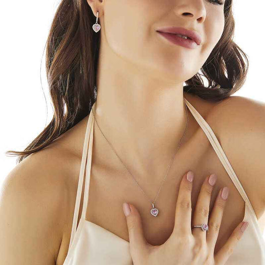 Pink Stone Heart Women's Silver Set