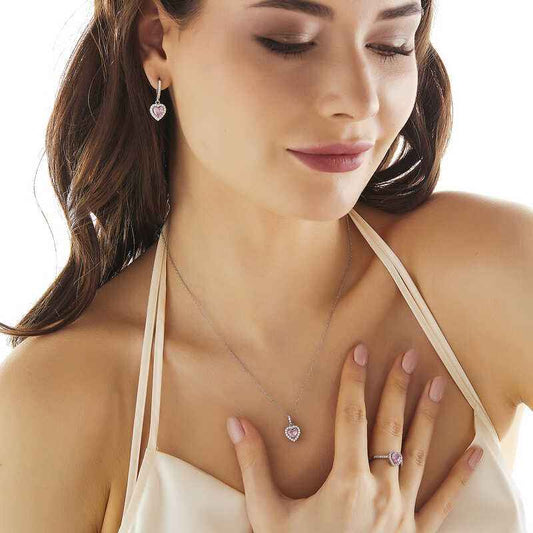 Pink Stone Heart Women's Silver Set