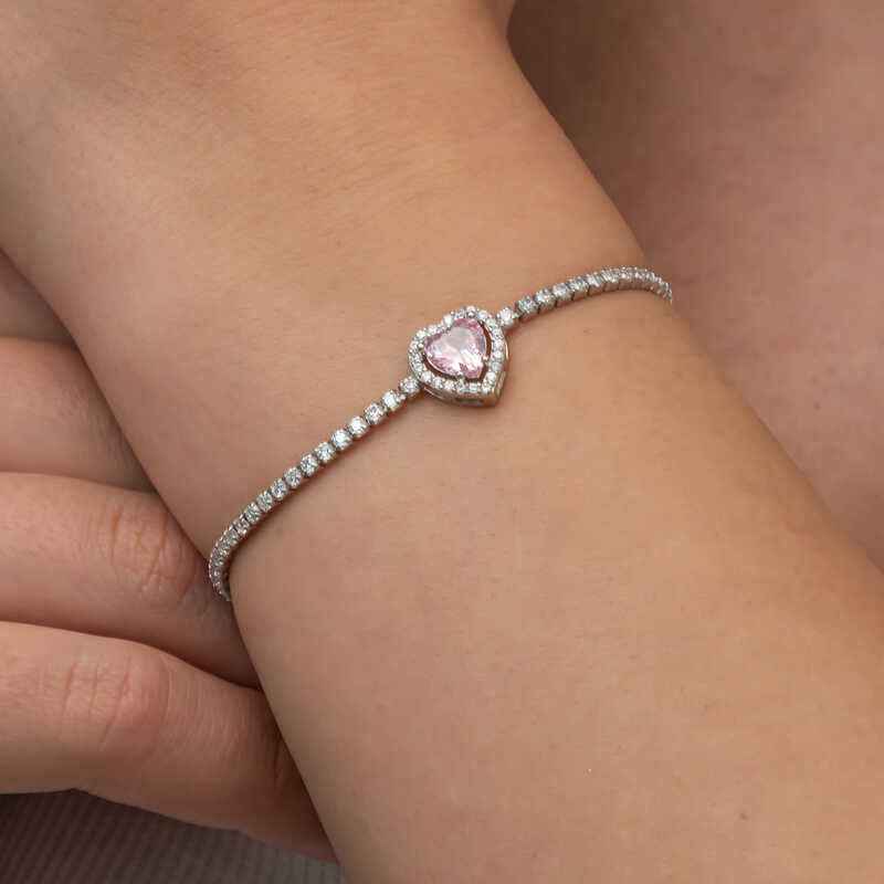 Pink Stone Heart Channel Silver Bracelet