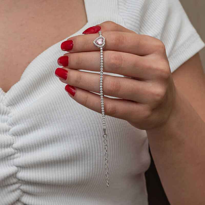 Pink Stone Heart Channel Silver Bracelet