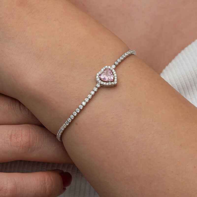 Pink Stone Heart Channel Silver Bracelet