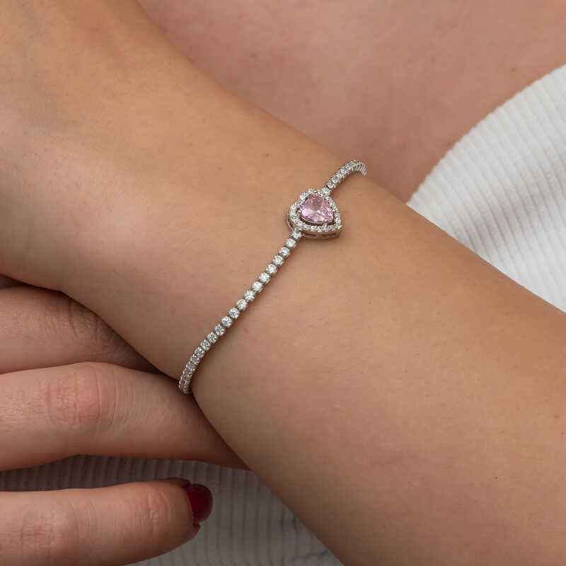 Pink Stone Heart Channel Silver Bracelet