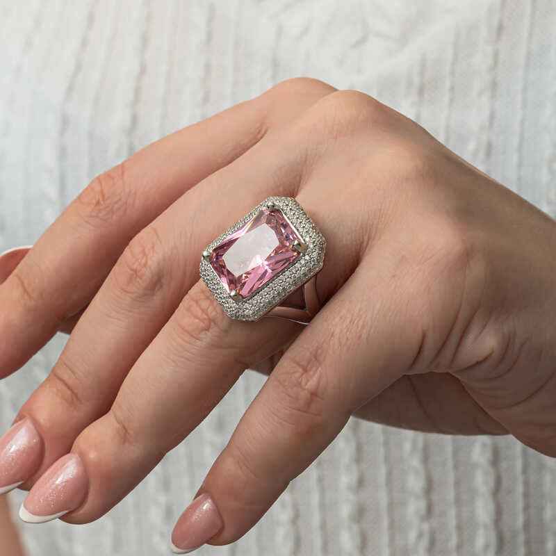 Pink Zircon Stone Women's Silver Ring