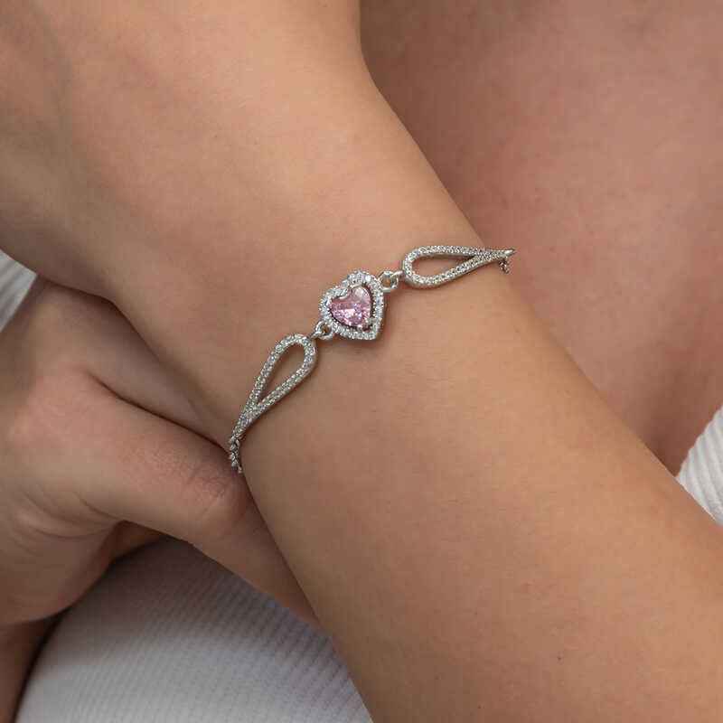 Pink Zircon Heart Stone Women's Silver Bracelet