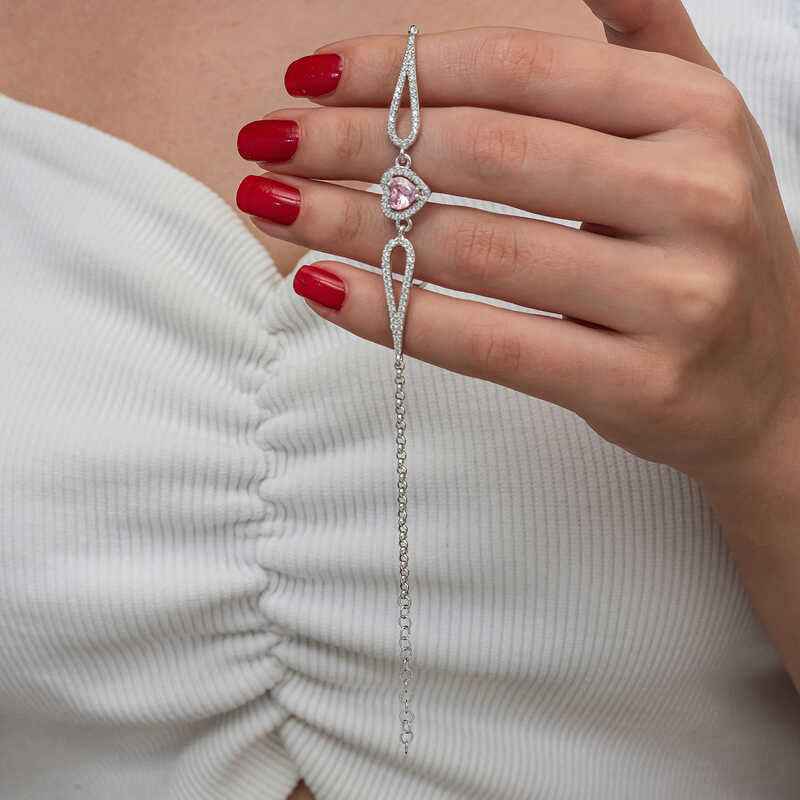 Pink Zircon Heart Stone Women's Silver Bracelet