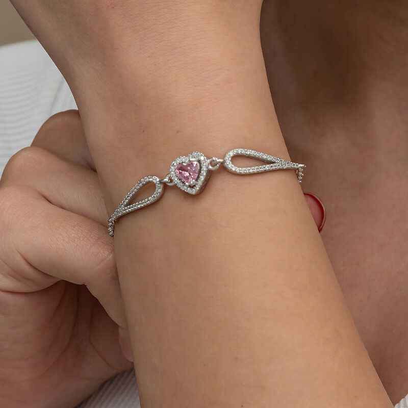 Pink Zircon Heart Stone Women's Silver Bracelet
