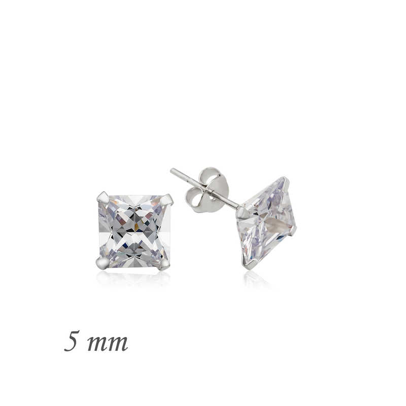 Square Single Stone Zircon Silver Earring - 5 mm