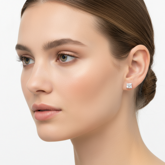 Square Single Stone Zircon Silver Earrings - 3 mm