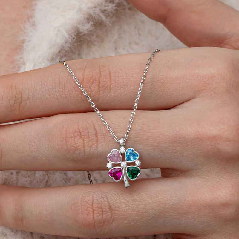 Stone Colored Heart Figure Clover Silver Necklace