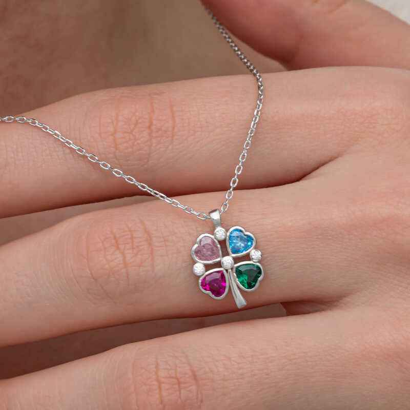 Stone Colored Heart Figure Clover Silver Necklace
