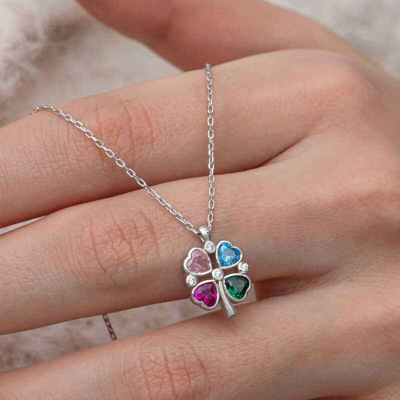 Stone Colored Heart Figure Clover Silver Necklace