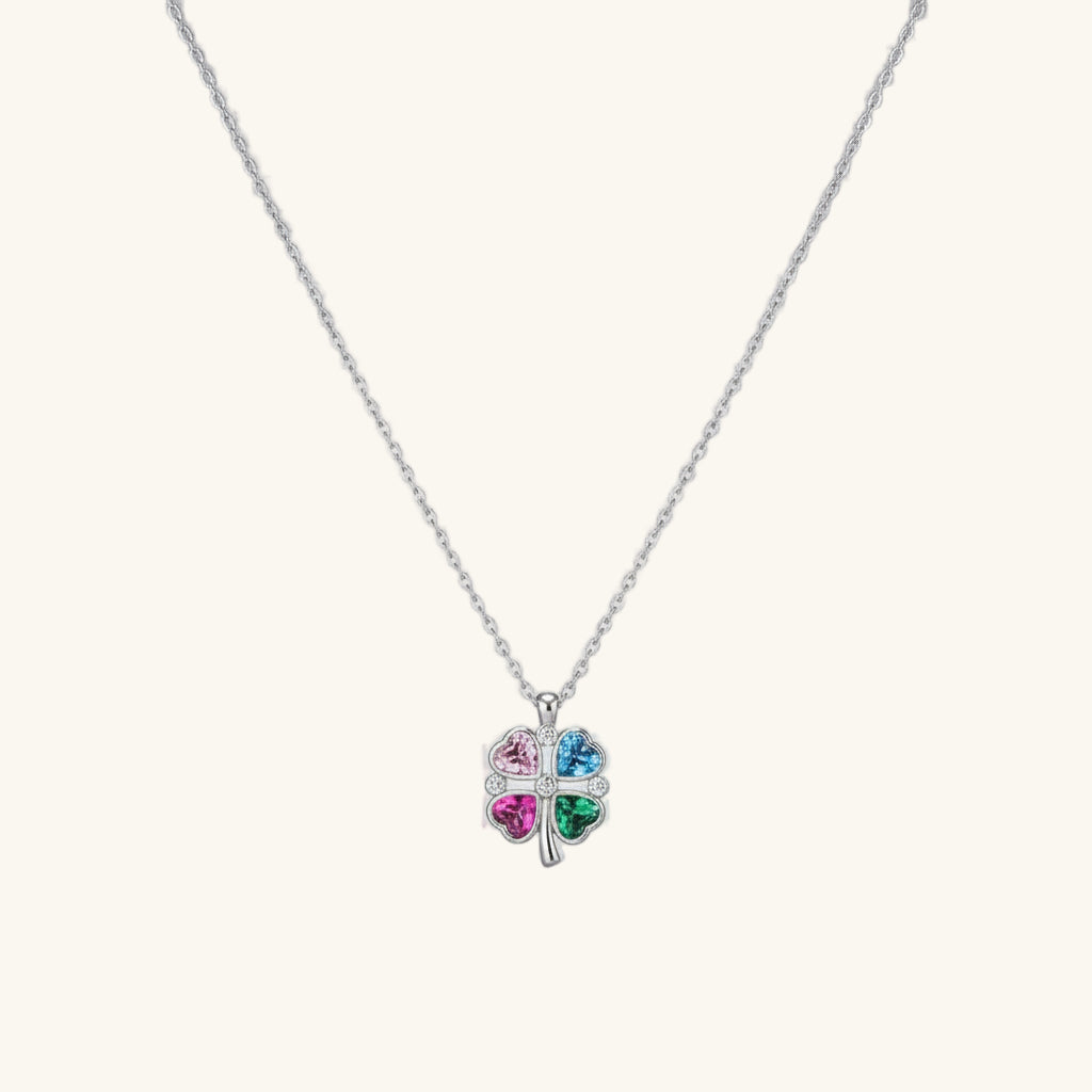 Stone Colored Heart Figure Clover Silver Necklace