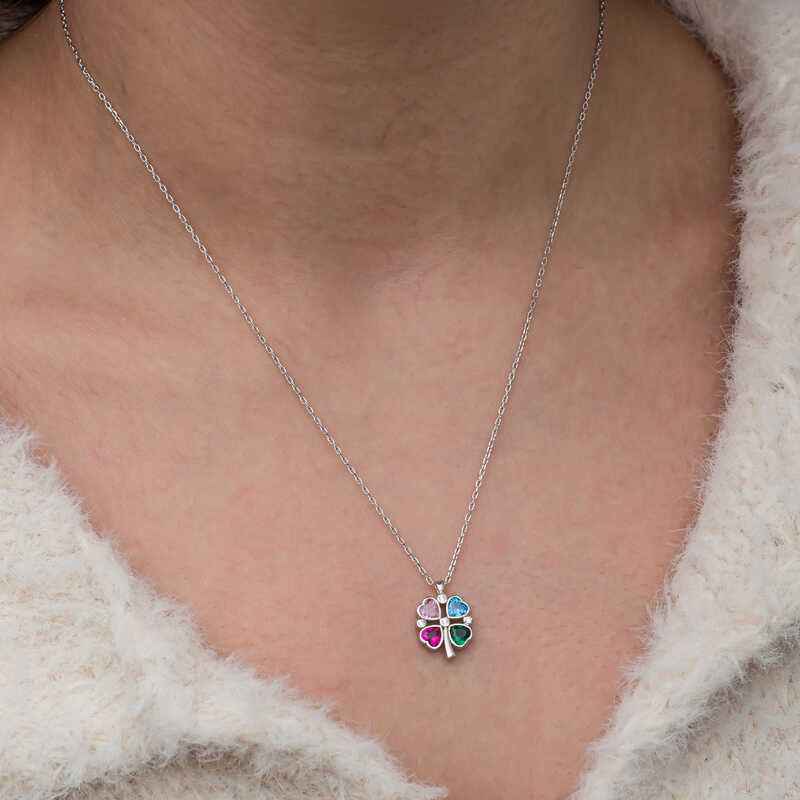 Stone Colored Heart Figure Clover Silver Necklace