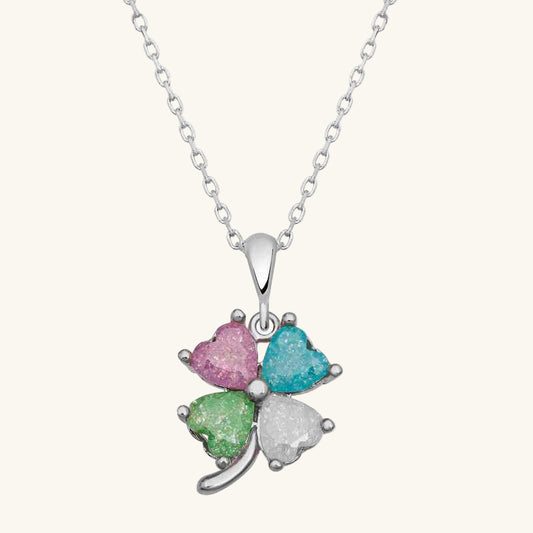 Heart Clover with Colored Stones Women's Silver Necklace