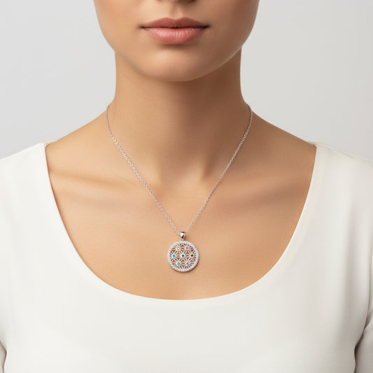 Farbige Steinblume des Lebens Damen Silber Halskette