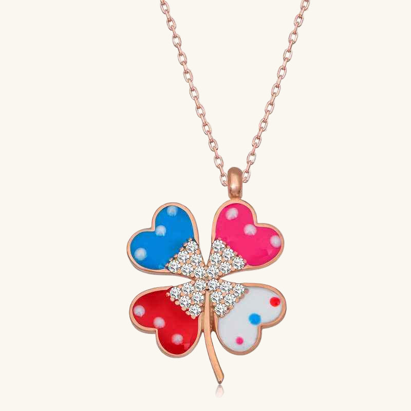 Rose Plated Colored Stone Clover Women's Silver Necklace