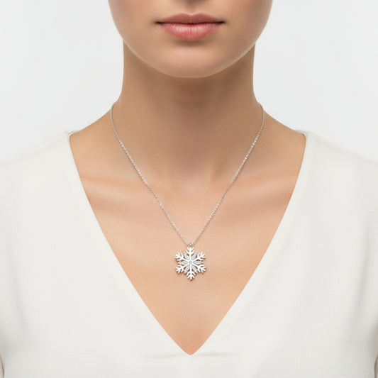 Rhodium Plated Snowflake Women's Silver Necklace