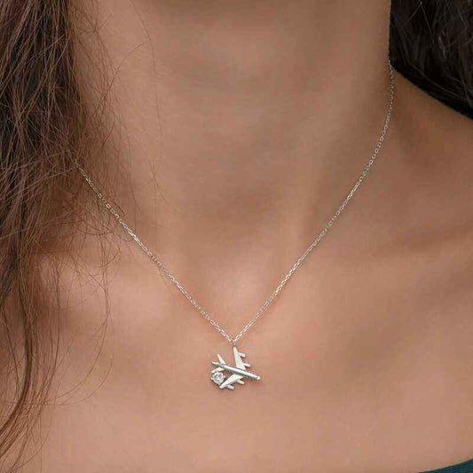 Single Stone Airplane Women's Rhodium Plated Silver Necklace