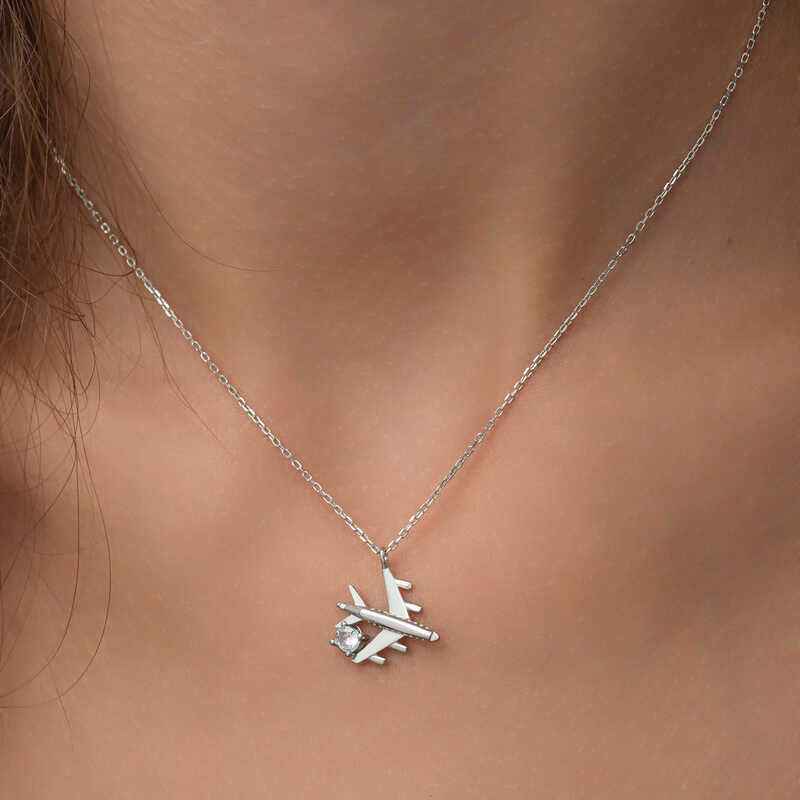 Single Stone Airplane Women's Rhodium Plated Silver Necklace
