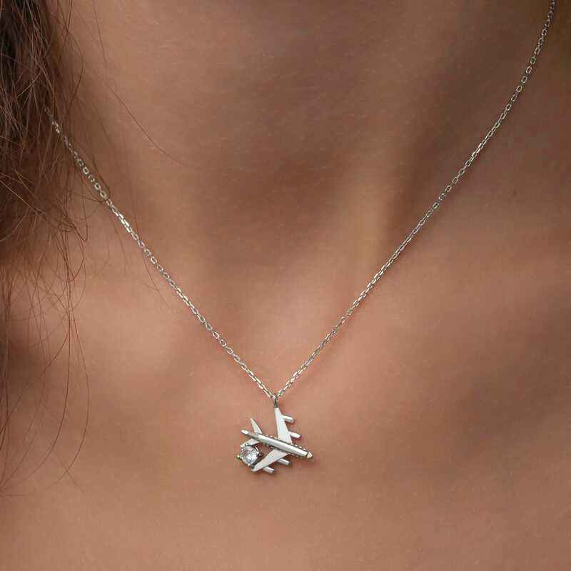 Single Stone Airplane Women's Rhodium Plated Silver Necklace