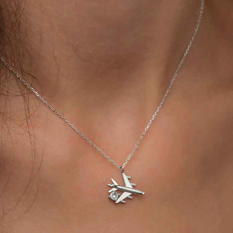 Single Stone Airplane Women's Rhodium Plated Silver Necklace