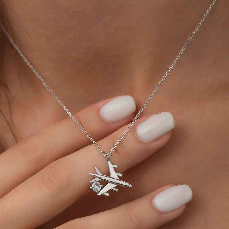Single Stone Airplane Women's Rhodium Plated Silver Necklace