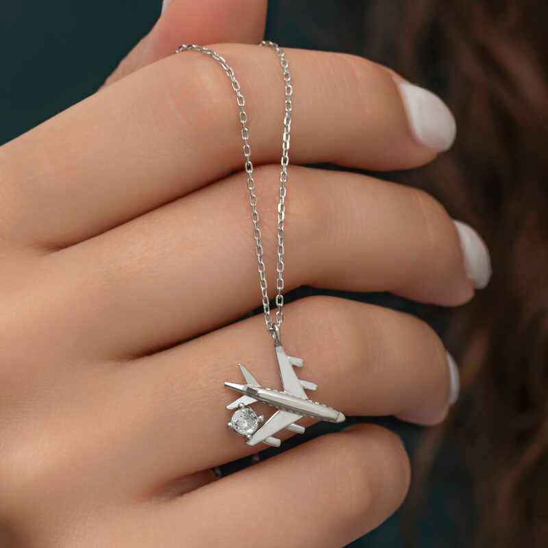 Single Stone Airplane Women's Rhodium Plated Silver Necklace