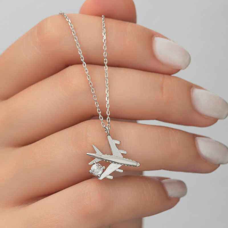 Single Stone Airplane Women's Rhodium Plated Silver Necklace