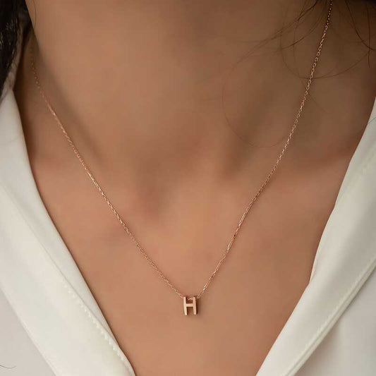 Rose Plated 3D Letter H Women's Silver Necklace