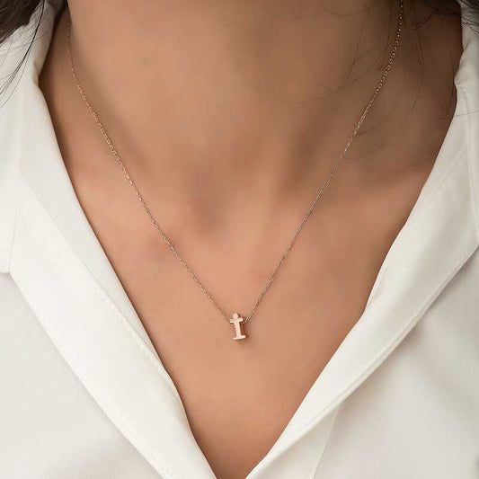 Rose Plated 3D Letter "İ" Women's Silver Necklace