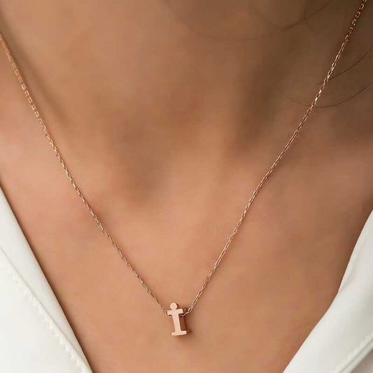 Rose Plated 3D Letter "İ" Women's Silver Necklace