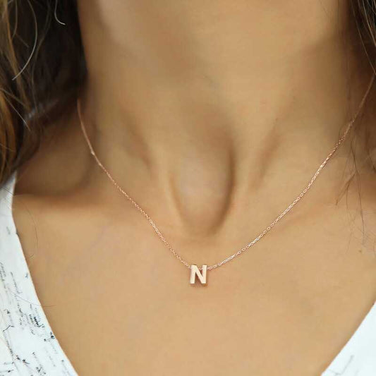 Rose Plated 3D Letter N Women's Silver Necklace