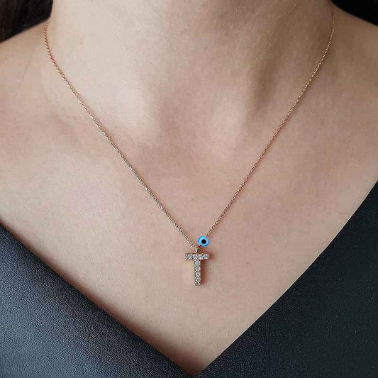 Rose Plated 3D Evil Eye Letter Women's Silver Necklace