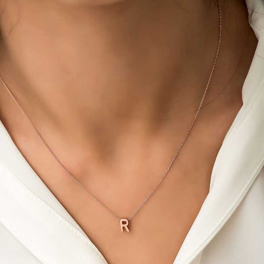 Rose Plated 3D Letter R Women's Silver Necklace